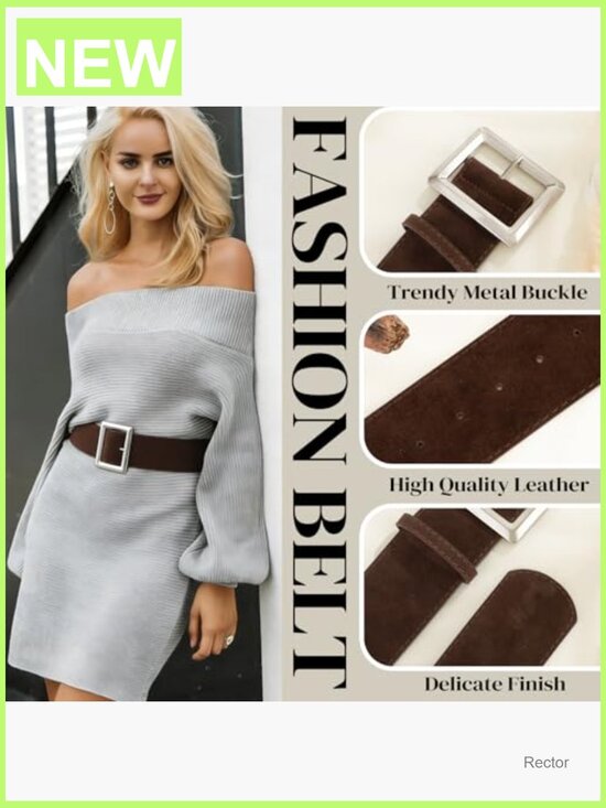 Wide Suede Leather Belt with Square Buckle for Dresses
